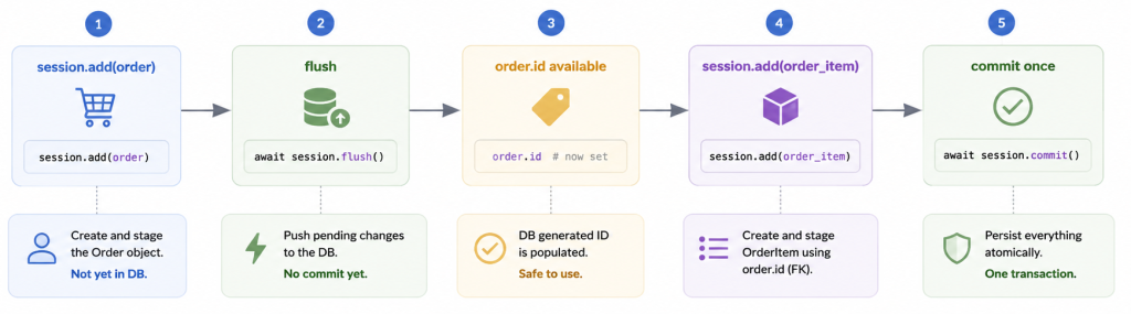 Keep Transaction Boundaries Explicit in fast api sqlalchemy. use flush and commit wisely
